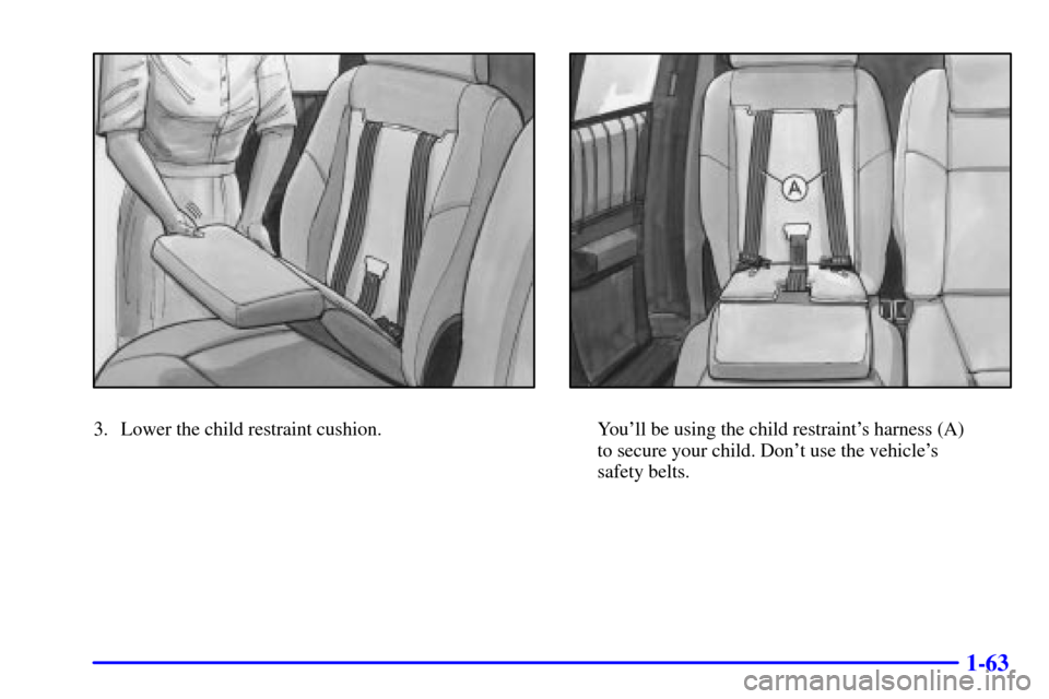 Oldsmobile Silhouette 2000  s Manual PDF 1-63
3. Lower the child restraint cushion.Youll be using the child restraints harness (A) 
to secure your child. Dont use the vehicles 
safety belts. 