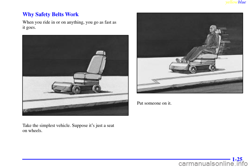 Oldsmobile Silhouette 1999  s Owners Guide yellowblue     
1-25 Why Safety Belts Work
When you ride in or on anything, you go as fast as 
it goes.
Take the simplest vehicle. Suppose its just a seat 
on wheels.
Put someone on it. 