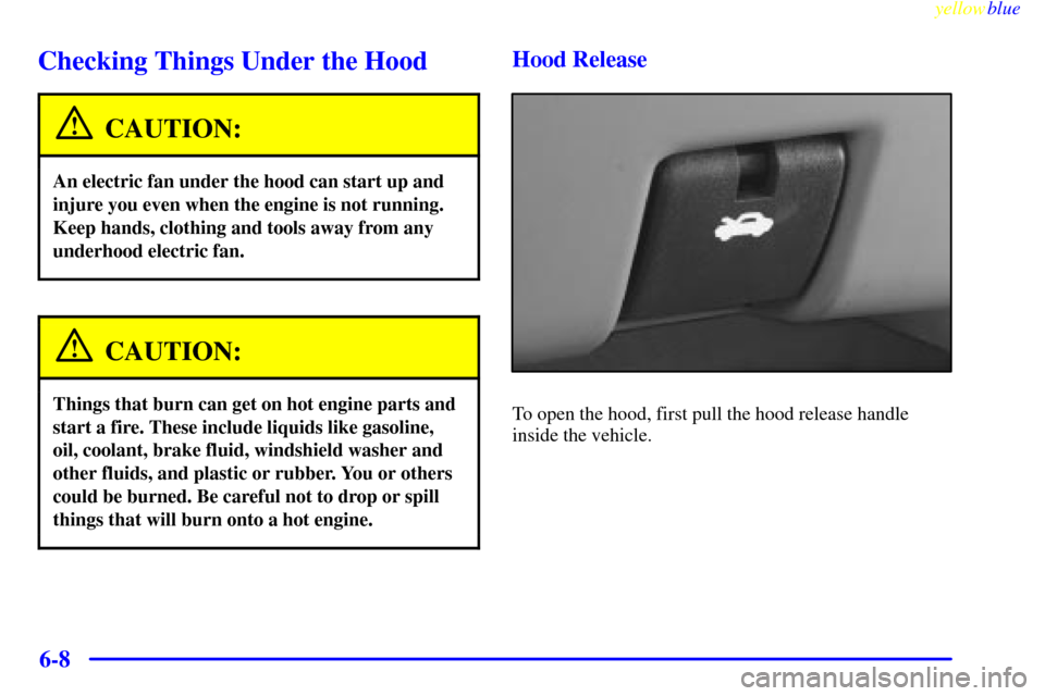 Oldsmobile Silhouette 1999  Owners Manuals yellowblue     
6-8
Checking Things Under the Hood
CAUTION:
An electric fan under the hood can start up and
injure you even when the engine is not running.
Keep hands, clothing and tools away from any