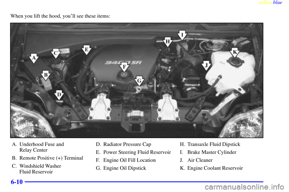 Oldsmobile Silhouette 1999  s User Guide yellowblue     
6-10
When you lift the hood, youll see these items:
A. Underhood Fuse and 
Relay Center
B. Remote Positive (+) Terminal
C. Windshield Washer 
Fluid ReservoirD. Radiator Pressure Cap
E