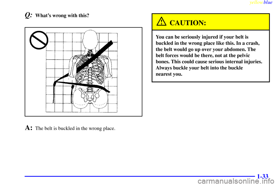 Oldsmobile Silhouette 1999  s Owners Guide yellowblue     
1-33
Q:Whats wrong with this?
A:The belt is buckled in the wrong place.
CAUTION:
You can be seriously injured if your belt is
buckled in the wrong place like this. In a crash,
the bel