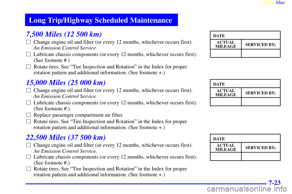 Oldsmobile Silhouette 1999  Owners Manuals Long Trip/Highway Scheduled Maintenance
yellowblue     
7-23
7,500 Miles (12 500 km)
Change engine oil and filter (or every 12 months, whichever occurs first). 
An Emission Control Service. 
Lubrica