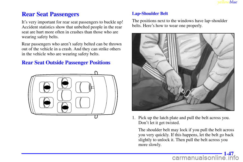 Oldsmobile Silhouette 1999  s Workshop Manual yellowblue     
1-47
Rear Seat Passengers
Its very important for rear seat passengers to buckle up!
Accident statistics show that unbelted people in the rear
seat are hurt more often in crashes than 