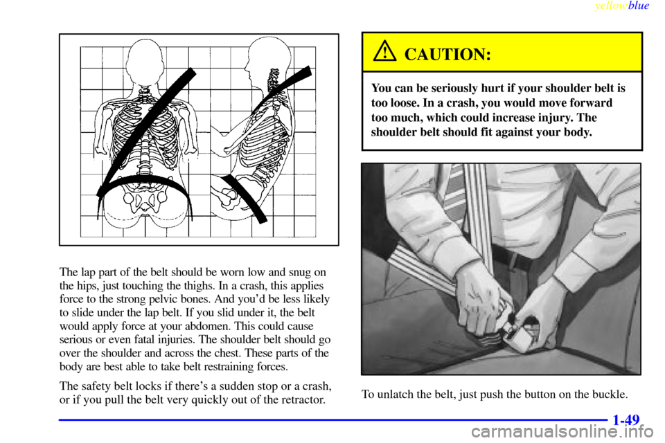 Oldsmobile Silhouette 1999  s Workshop Manual yellowblue     
1-49
The lap part of the belt should be worn low and snug on
the hips, just touching the thighs. In a crash, this applies
force to the strong pelvic bones. And youd be less likely
to 