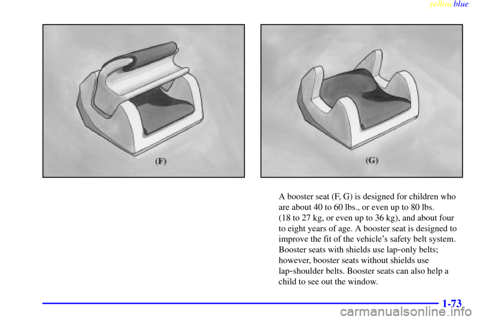 Oldsmobile Silhouette 1999  s Manual PDF yellowblue     
1-73
A booster seat (F, G) is designed for children who
are about 40 to 60 lbs., or even up to 80 lbs. 
(18 to 27 kg, or even up to 36 kg), and about four
to eight years of age. A boos