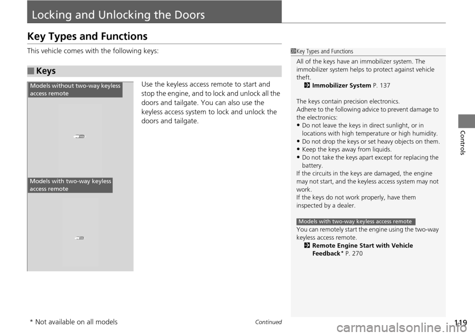 Acura RDX 2016 User Guide 119Continued
Controls
Locking and Unlocking the Doors
Key Types and Functions
This vehicle comes with the following keys:
Use the keyless access remote to start and 
stop the engine, and to lock and u