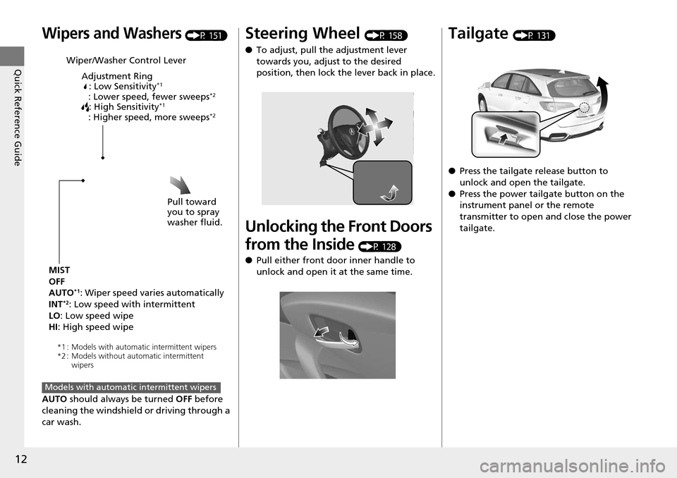 Acura RDX 2016  Owners Manual 12
Quick Reference Guide
Wipers and Washers (P 151)
AUTO  should always be turned  OFF before 
cleaning the windshield or driving through a 
car wash.
Wiper/Washer Control Lever
Adjustment Ring: Low S