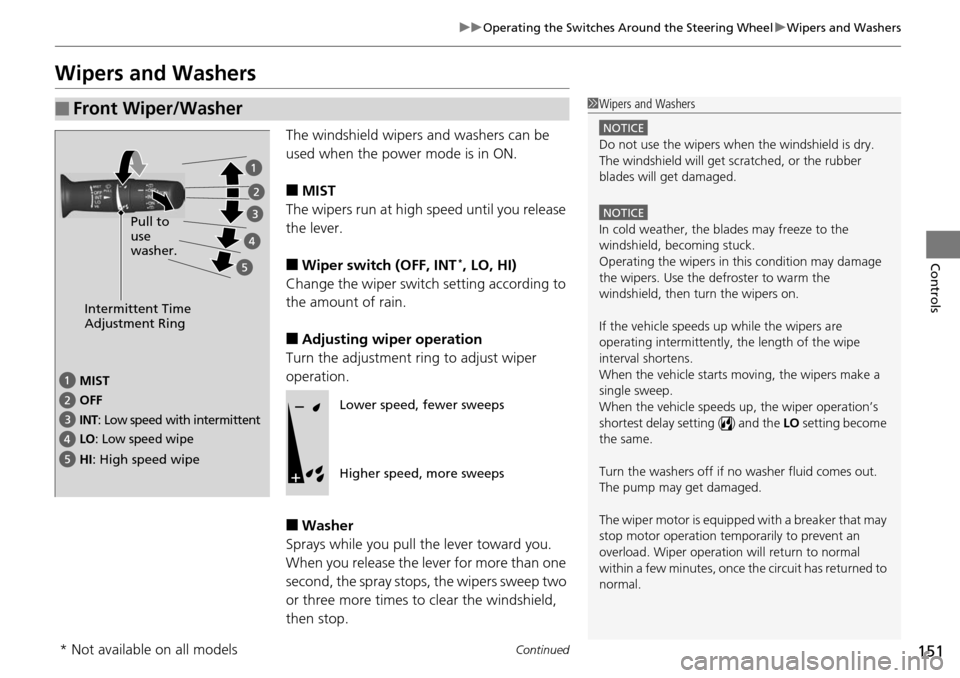 Acura RDX 2016 Owners Manual 151
uuOperating the Switches Around the Steering Wheel uWipers and Washers
Continued
Controls
Wipers and Washers
The windshield wipers and washers can be
used when the power mode is in ON.
■MIST
Th Acura RDX 2016 Owners Manual 151
uuOperating the Switches Around the Steering Wheel uWipers and Washers
Continued
Controls
Wipers and Washers
The windshield wipers and washers can be
used when the power mode is in ON.
■MIST
Th