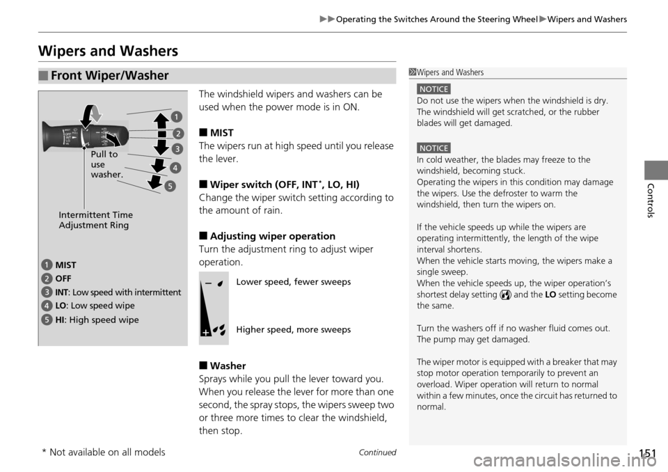 Acura RDX 2016  Owners Manual 151
uuOperating the Switches Around the Steering Wheel uWipers and Washers
Continued
Controls
Wipers and Washers
The windshield wipers and washers can be 
used when the power mode is in ON.
■MIST
Th