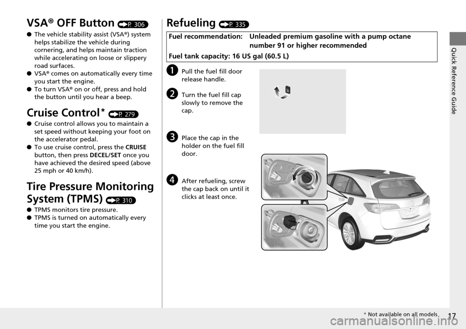 Acura RDX 2016 Owners Manual 17
Quick Reference Guide
VSA® OFF Button (P 306)
● The vehicle stability assist (VSA ®) system
helps stabilize the vehicle during
cornering, and helps maintain traction
while accelerating on lo Acura RDX 2016 Owners Manual 17
Quick Reference Guide
VSA® OFF Button (P 306)
● The vehicle stability assist (VSA ®) system
helps stabilize the vehicle during
cornering, and helps maintain traction
while accelerating on lo