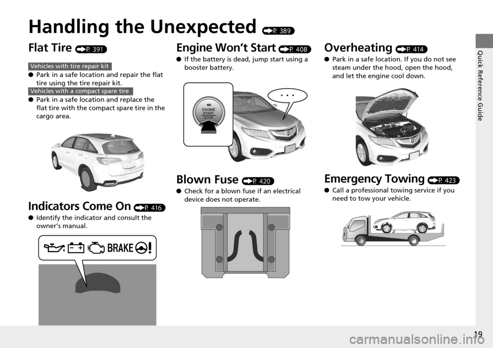 Acura RDX 2016 Owners Manual Quick Reference Guide
19
Handling the Unexpected (P 389)
Flat Tire (P 391)
● Park in a safe location and repair the flat
tire using the tire repair kit.
● Park in a safe location and replace the Acura RDX 2016 Owners Manual Quick Reference Guide
19
Handling the Unexpected (P 389)
Flat Tire (P 391)
● Park in a safe location and repair the flat
tire using the tire repair kit.
● Park in a safe location and replace the