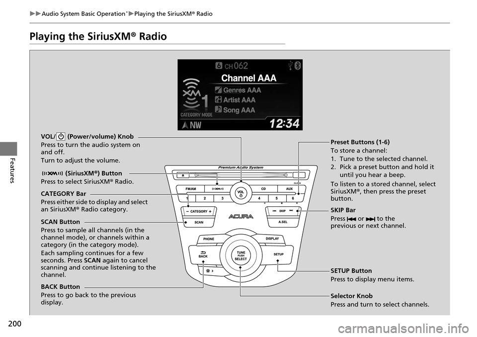 Acura RDX 2016 Manual PDF 200
uuAudio System Basic Operation*uPlaying the SiriusXM ® Radio
Features
Playing the SiriusXM ® Radio
BACK Button
Press to go back to the previous
display. (SiriusXM
®) Button
Press to select Si Acura RDX 2016 Manual PDF 200
uuAudio System Basic Operation*uPlaying the SiriusXM ® Radio
Features
Playing the SiriusXM ® Radio
BACK Button
Press to go back to the previous
display. (SiriusXM
®) Button
Press to select Si