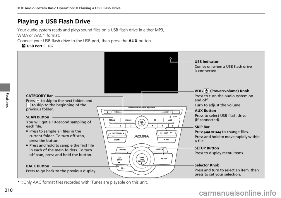Acura RDX 2016 Owners Guide 210
uuAudio System Basic Operation*uPlaying a USB Flash Drive
Features
Playing a USB Flash Drive
Your audio system reads and plays sound files on a USB flash drive in either MP3,
WMA or AAC*1 format. Acura RDX 2016 Owners Guide 210
uuAudio System Basic Operation*uPlaying a USB Flash Drive
Features
Playing a USB Flash Drive
Your audio system reads and plays sound files on a USB flash drive in either MP3,
WMA or AAC*1 format.