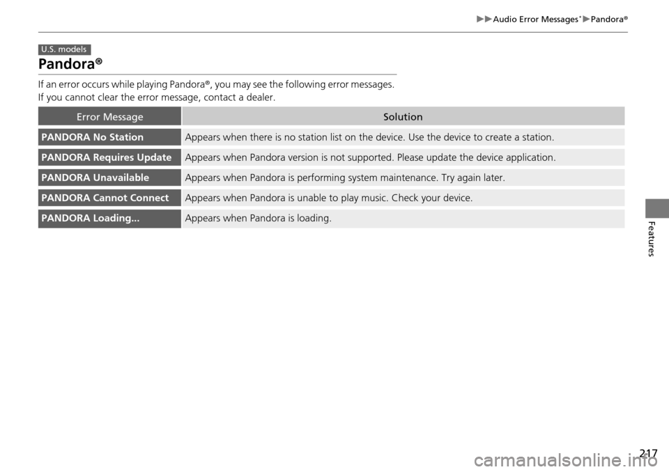 Acura RDX 2016 Owners Guide 217
uuAudio Error Messages*uPandora ®
Features
Pandora ®
If an error occurs while playing Pandora ®, you may see the following error messages. 
If you cannot clear the error message, contact a deal
