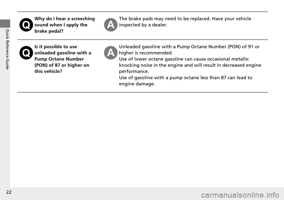 Acura RDX 2016  Owners Manual 22
Quick Reference Guide
Why do I hear a screeching 
sound when I apply the 
brake pedal?The brake pads may need to be replaced. Have your vehicle 
inspected by a dealer.
Is it possible to use 
unlead