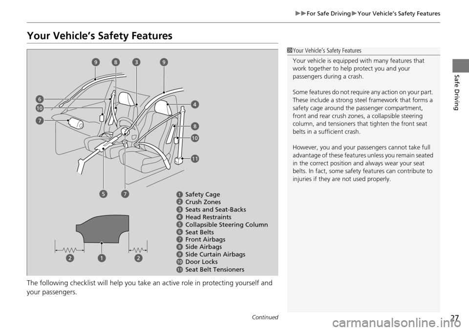 Acura RDX 2016  Owners Manual 27
uuFor Safe Driving uYour Vehicle’s Safety Features
Continued
Safe Driving
Your Vehicle’s Safety Features
The following checklist will he lp you take an active role in protecting yourself and 
y