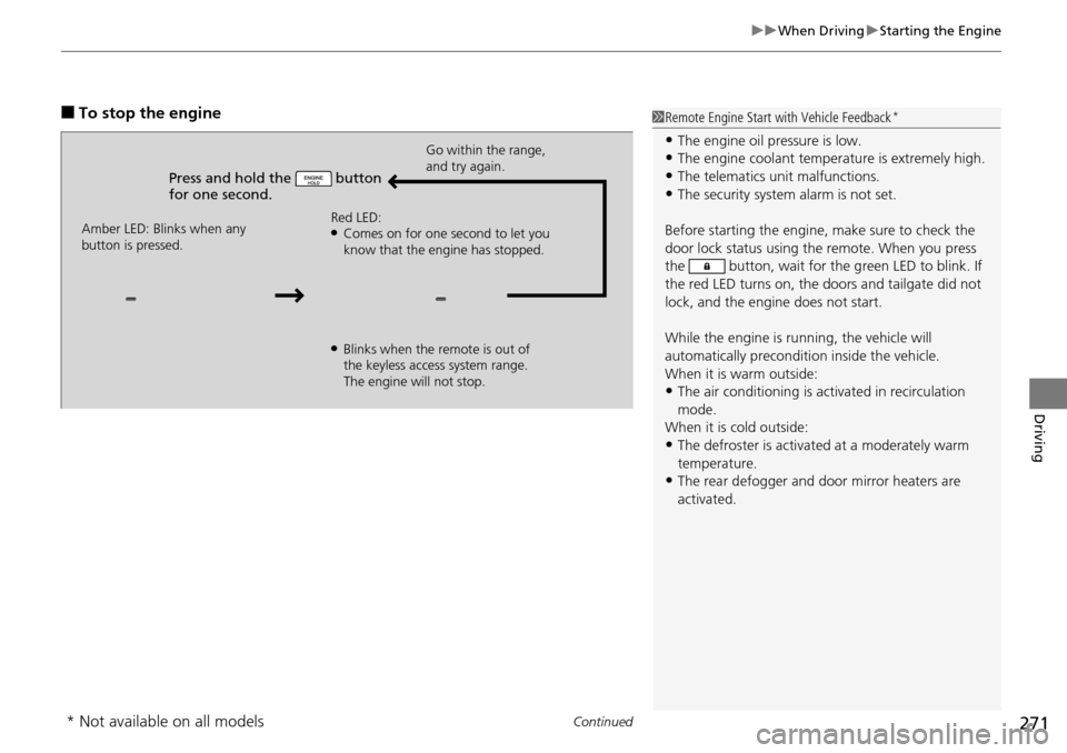 Acura RDX 2016  Owners Manual Continued271
uuWhen Driving uStarting the Engine
Driving
■To stop the engine
Press and hold the   button 
for one second.
Go within the range, 
and try again.
Amber LED: Blinks when any 
button is p