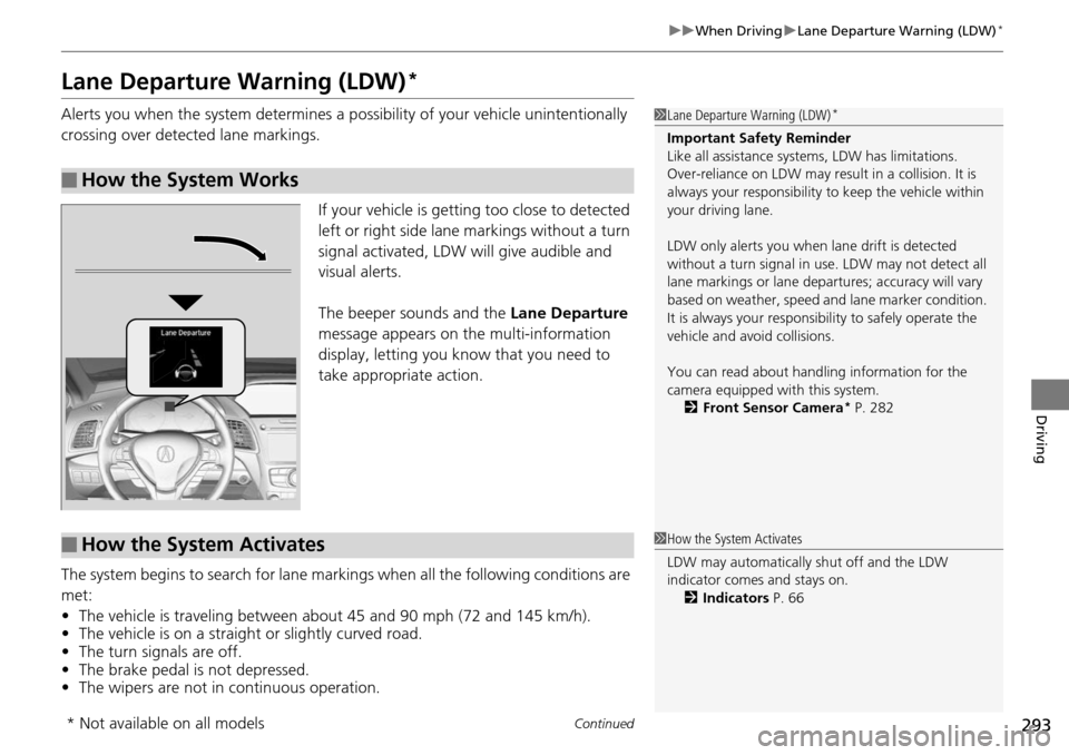 Acura RDX 2016 Owners Guide 293
uuWhen Driving uLane Departure Warning (LDW)*
Continued
Driving
Lane Departure Warning (LDW)*
Alerts you when the system determines a possibility of your vehicle unintentionally
crossing over det Acura RDX 2016 Owners Guide 293
uuWhen Driving uLane Departure Warning (LDW)*
Continued
Driving
Lane Departure Warning (LDW)*
Alerts you when the system determines a possibility of your vehicle unintentionally
crossing over det