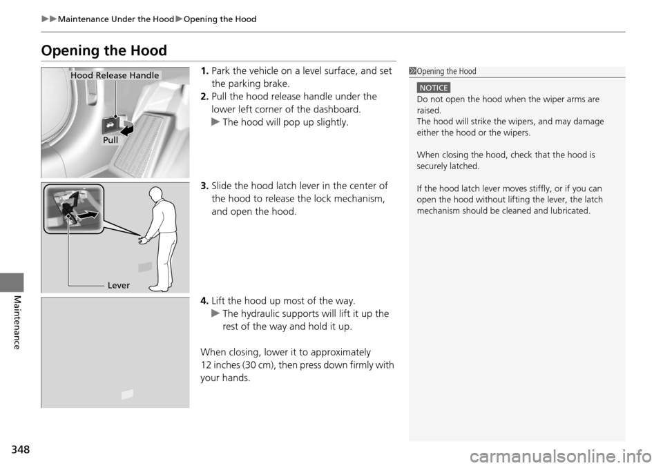 Acura RDX 2016 Owners Manual 348
uuMaintenance Under the Hood uOpening the Hood
Maintenance
Opening the Hood
1. Park the vehicle on a level surface, and set
the parking brake.
2. Pull the hood release handle under the
lower lef Acura RDX 2016 Owners Manual 348
uuMaintenance Under the Hood uOpening the Hood
Maintenance
Opening the Hood
1. Park the vehicle on a level surface, and set
the parking brake.
2. Pull the hood release handle under the
lower lef