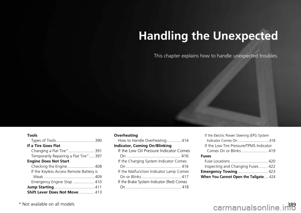 Acura RDX 2016 Owners Manual 389
Handling the Unexpected
This chapter explains how to handle unexpected troubles.
ToolsTypes of Tools .................................. 390
If a Tire Goes Flat Changing a Flat Tire
*.............. Acura RDX 2016 Owners Manual 389
Handling the Unexpected
This chapter explains how to handle unexpected troubles.
ToolsTypes of Tools .................................. 390
If a Tire Goes Flat Changing a Flat Tire
*..............