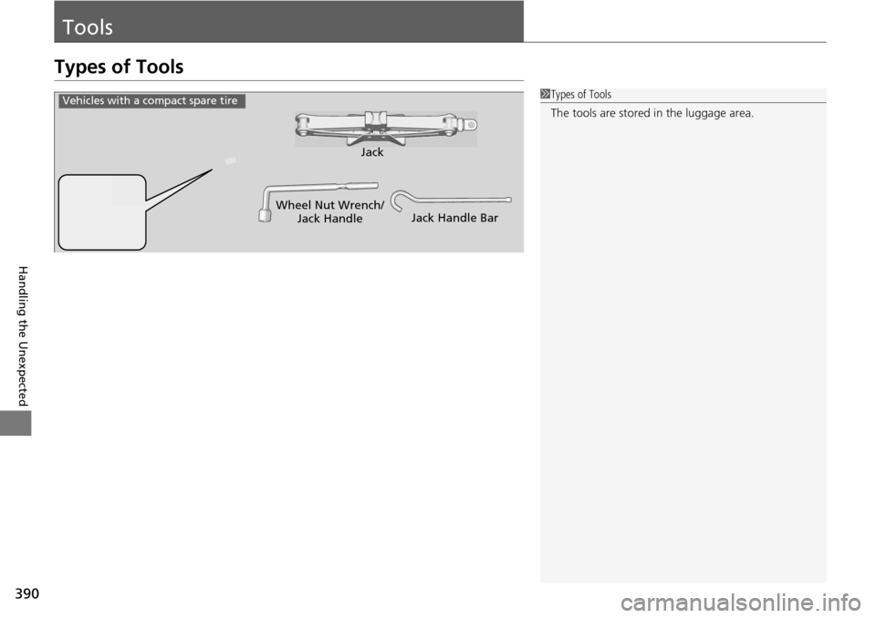 Acura RDX 2016  Owners Manual 390
Handling the Unexpected
Tools
Types of Tools
1Types of Tools
The tools are stored  in the luggage area.
Wheel Nut Wrench/
Jack Handle Jack
Jack Handle Bar
Vehicles with a compact spare tire 
