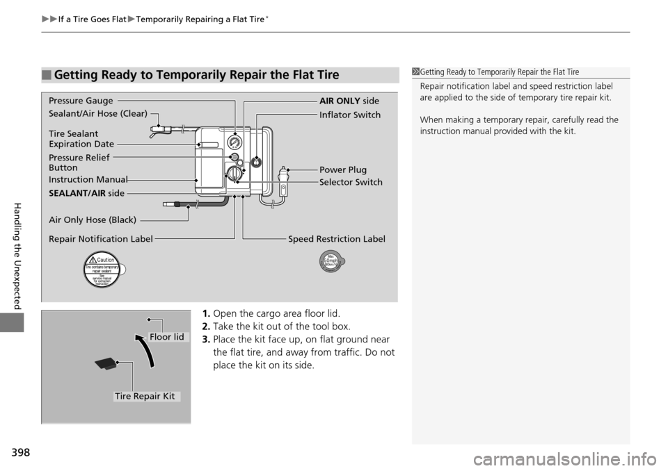 Acura RDX 2016 Owners Manual uuIf a Tire Goes Flat uTemporarily Repairing a Flat Tire*
398
Handling the Unexpected
1. Open the cargo area floor lid.
2. Take the kit out of the tool box.
3. Place the kit face up, on flat ground ne Acura RDX 2016 Owners Manual uuIf a Tire Goes Flat uTemporarily Repairing a Flat Tire*
398
Handling the Unexpected
1. Open the cargo area floor lid.
2. Take the kit out of the tool box.
3. Place the kit face up, on flat ground ne