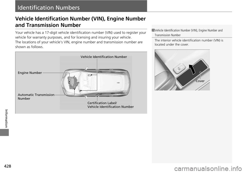 Acura RDX 2016 Owners Manual 428
Information
Identification Numbers
Vehicle Identification Number (VIN), Engine Number
and Transmission Number
Your vehicle has a 17-digit vehicle identification number (V IN) used to register you Acura RDX 2016 Owners Manual 428
Information
Identification Numbers
Vehicle Identification Number (VIN), Engine Number
and Transmission Number
Your vehicle has a 17-digit vehicle identification number (V IN) used to register you