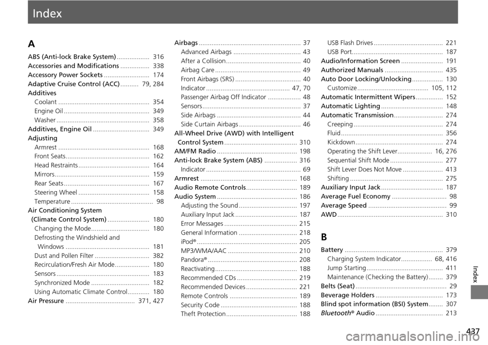 Acura RDX 2016 Owners Guide Index
437
Index
Index
A
ABS (Anti-lock Brake System)..................  316
Accessories and Modifications ................  338
Accessory Power Sockets .........................  174
Adaptive Cruise C