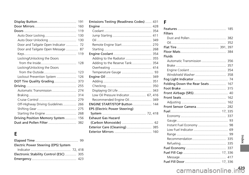 Acura RDX 2016  Owners Manual 439
Index
Display Button..........................................  191
Door Mirrors .............................................  160
Doors ........................................................  