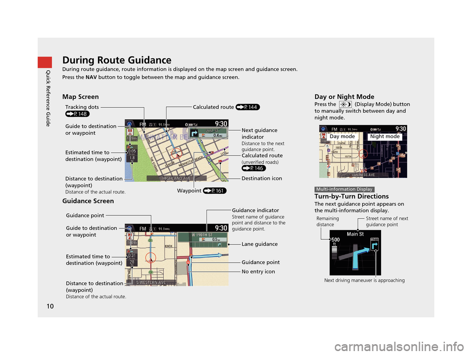 Acura RDX 2016  Navigation Manual 10
Quick Reference GuideDuring Route Guidance
During route guidance, route information is displayed on the map screen and guidance screen.
Press the NAV button to toggle between th e map and guidance 