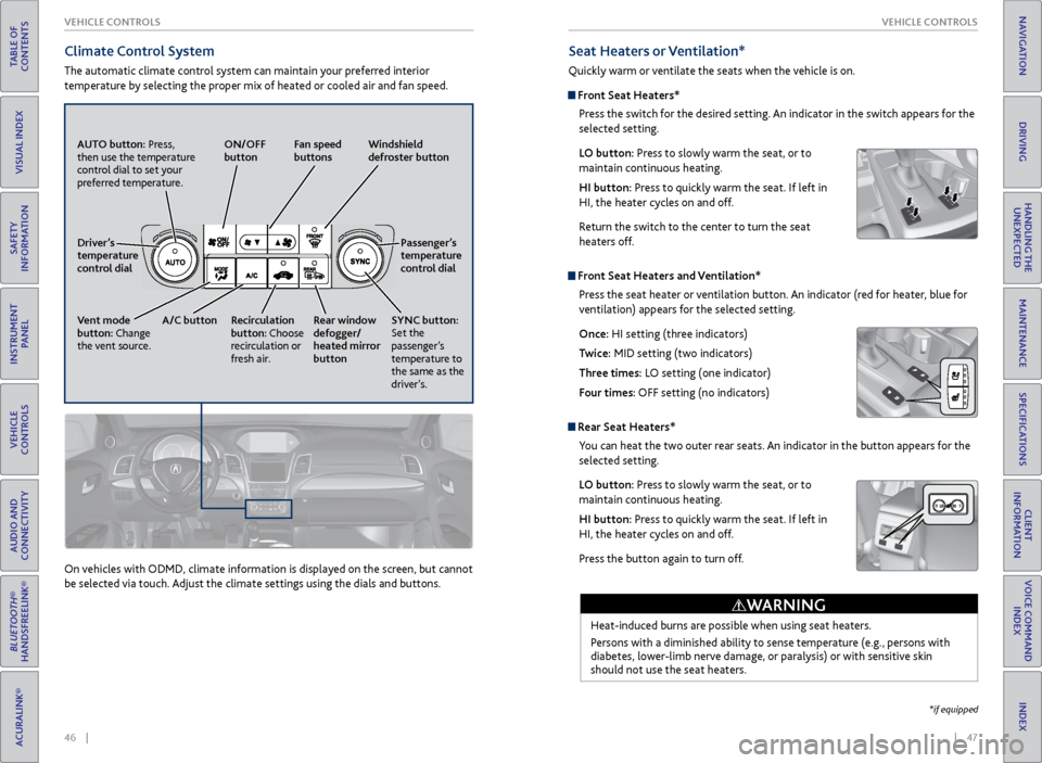 Acura RDX 2016  Owners Guide 46    ||    47
VEHICLE CONTROLS
VEHICLE CONTROLS
TABLE OF 
CONTENTS
INDEX
VISUAL INDEX
VOICE COMMAND  INDEX
SAFETY 
INFORMATION
CLIENT 
INFORMATION
INSTRUMENT  PANEL
SPECIFICATIONS
VEHICLE 
CONTROLS 
