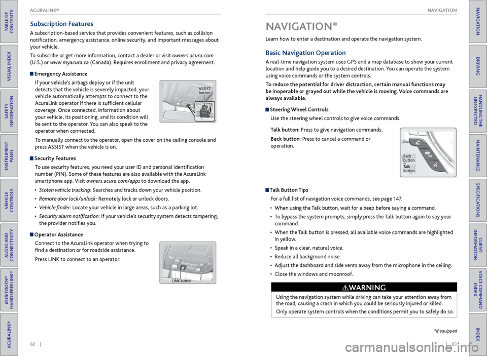 Acura RDX 2016  Owners Guide |    83
NAVIGATION
INDEX
VOICE COMMAND 
INDEX
CLIENT 
INFORMATION
SPECIFICATIONS
MAINTENANCE
HANDLING THE  UNEXPECTED
DRIVING
NAVIGATION
82    |
TABLE OF 
CONTENTS
VISUAL INDEX
SAFETY 
INFORMATION
INS