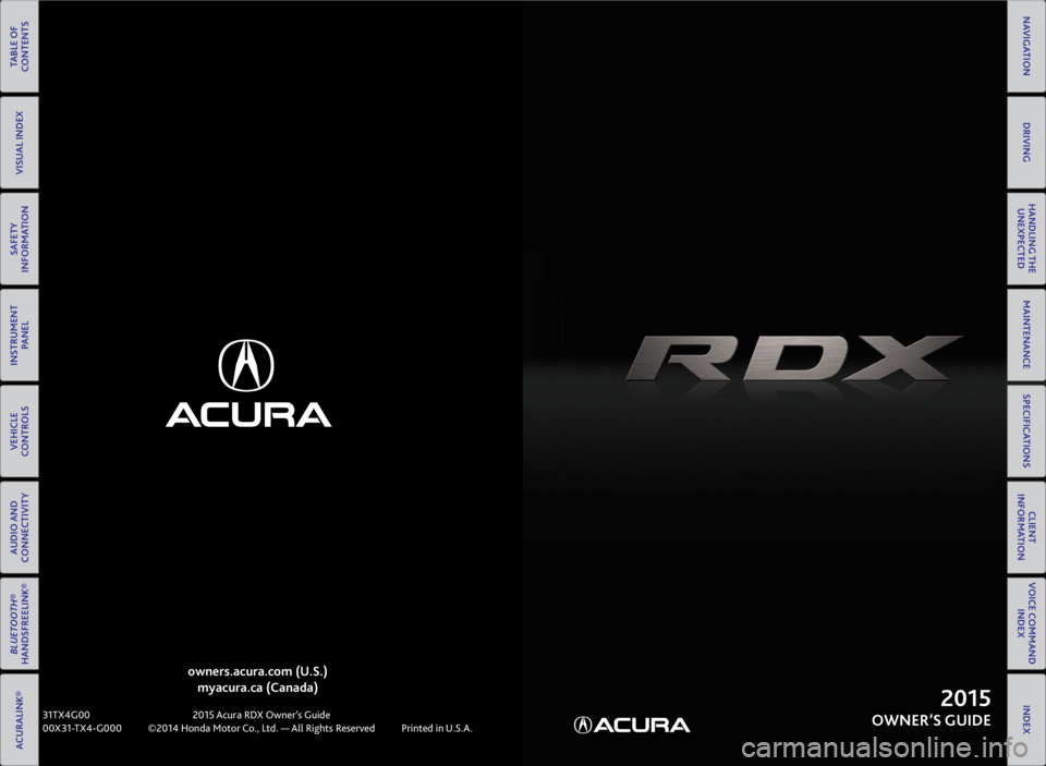 Acura RDX 2015  Owners Guide TABLE OF 
CONTENTS
VISUAL INDEX
SAFETY 
INFORMATION
INSTRUMENT  PANEL
VEHICLE 
CONTROLS 
AUDIO AND 
CONNECTIVITY
BLUETOOTH® 
HANDSFREELINK®
ACURALINK®
INDEX
VOICE COMMAND  INDEX
CLIENT 
INFORMATION