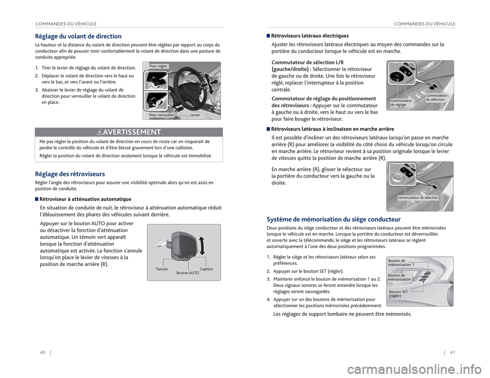 Acura RDX 2015  Guide du propriétaire (in French) 40    ||    41
       COMMANDES DU VÉHICULE
COMMANDES DU VÉHICULERéglage du volant de directionLa hauteur et la distance du volant de direction peuvent être réglées par rapport au corps du 
cond