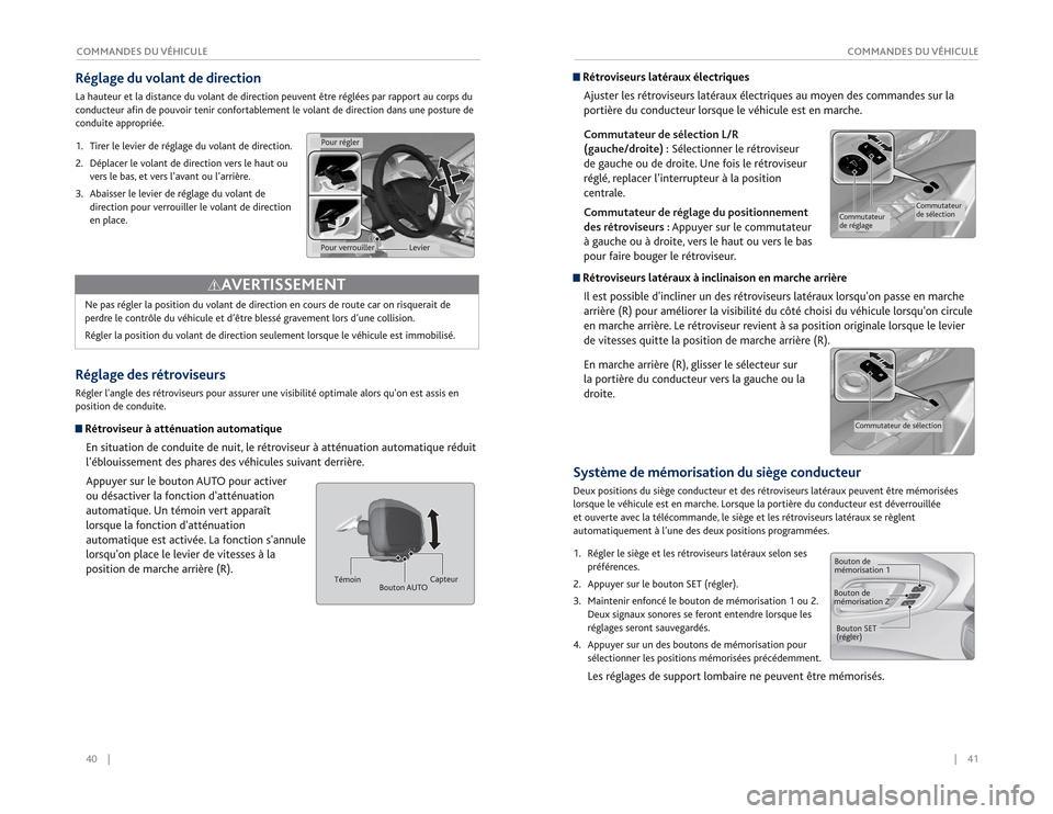 Acura RDX 2015 Guide du propriétaire (in French) 40 || 41
COMMANDES DU VÉHICULE
COMMANDES DU VÉHICULERéglage du volant de directionLa hauteur et la distance du volant de direction peuvent être réglées par rapport au corps du
cond Acura RDX 2015 Guide du propriétaire (in French) 40 || 41
COMMANDES DU VÉHICULE
COMMANDES DU VÉHICULERéglage du volant de directionLa hauteur et la distance du volant de direction peuvent être réglées par rapport au corps du
cond