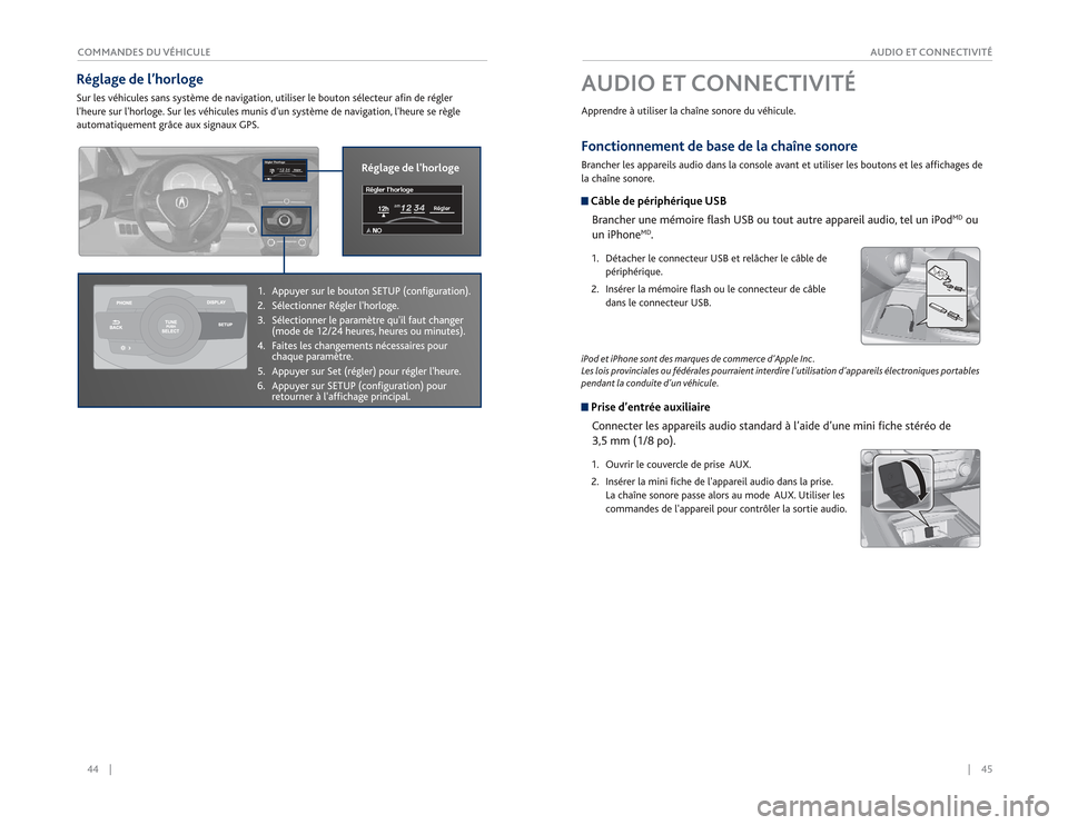 Acura RDX 2015  Guide du propriétaire (in French) 44    ||    45
       AUDIO ET CONNECTIVITÉ
COMMANDES DU VÉHICULE
Fonctionnement de base de la chaîne sonoreBrancher les appareils audio dans la console avant et utiliser les boutons et les afficha