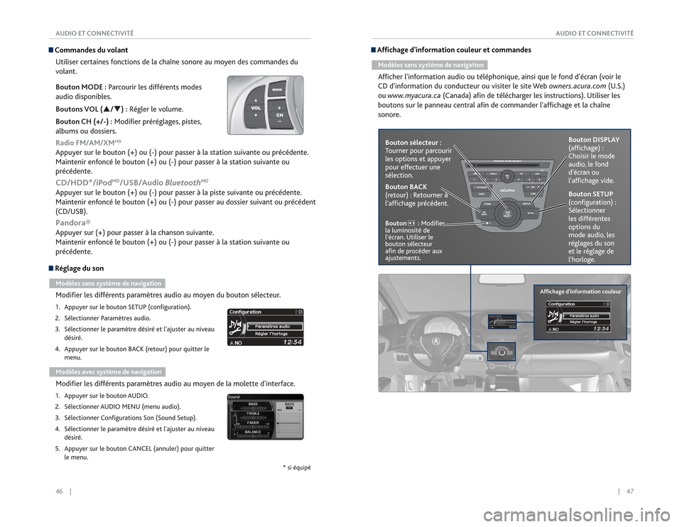 Acura RDX 2015  Guide du propriétaire (in French) 46    ||    47
              AUDIO ET CONNECTIVITÉ
AUDIO ET CONNECTIVITÉ Réglage du sonModèles sans système de navigationModifier les différents paramètres audio au moyen du bouton sélecteur.1