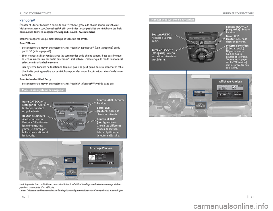 Acura RDX 2015 Guide du propriétaire (in French) 60 || 61
AUDIO ET CONNECTIVITÉ
AUDIO ET CONNECTIVITÉLes lois provinciales ou fédérales pourraient interdire l’utilisation d’appareils électroniques portables
pendant la conduite Acura RDX 2015 Guide du propriétaire (in French) 60 || 61
AUDIO ET CONNECTIVITÉ
AUDIO ET CONNECTIVITÉLes lois provinciales ou fédérales pourraient interdire l’utilisation d’appareils électroniques portables
pendant la conduite
