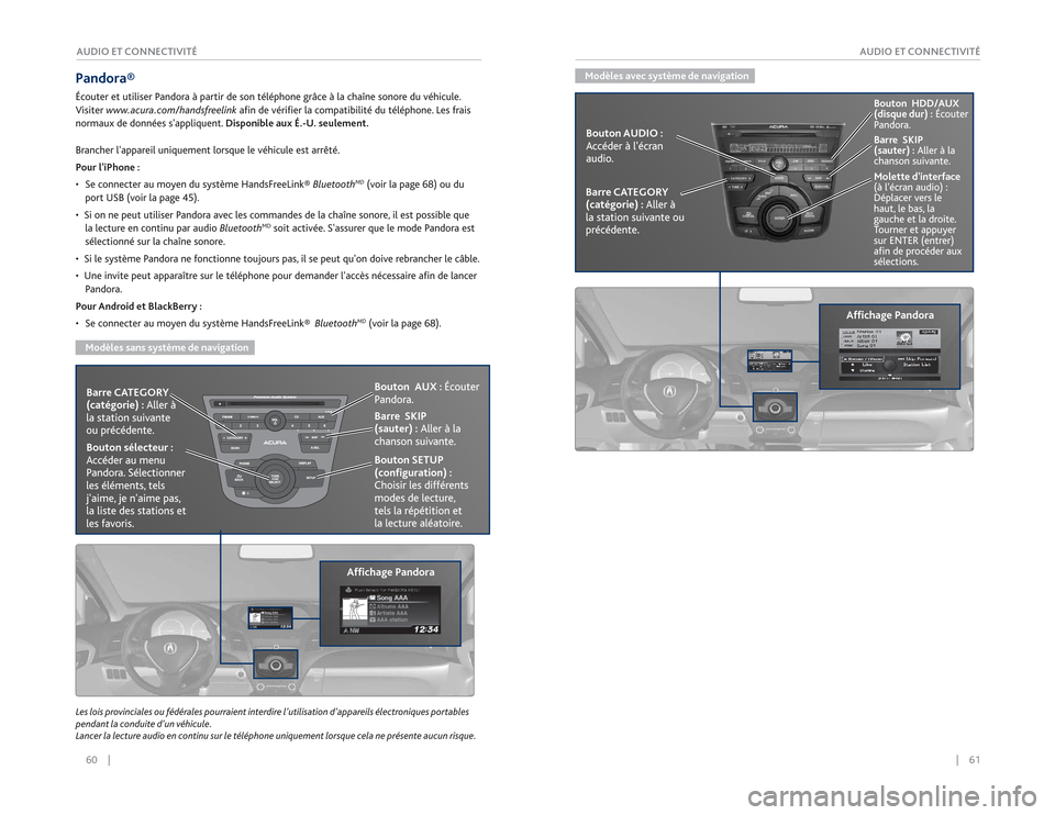 Acura RDX 2015  Guide du propriétaire (in French) 60    ||    61
       AUDIO ET CONNECTIVITÉ
AUDIO ET CONNECTIVITÉLes lois provinciales ou fédérales pourraient interdire l’utilisation d’appareils électroniques portables 
pendant la conduite