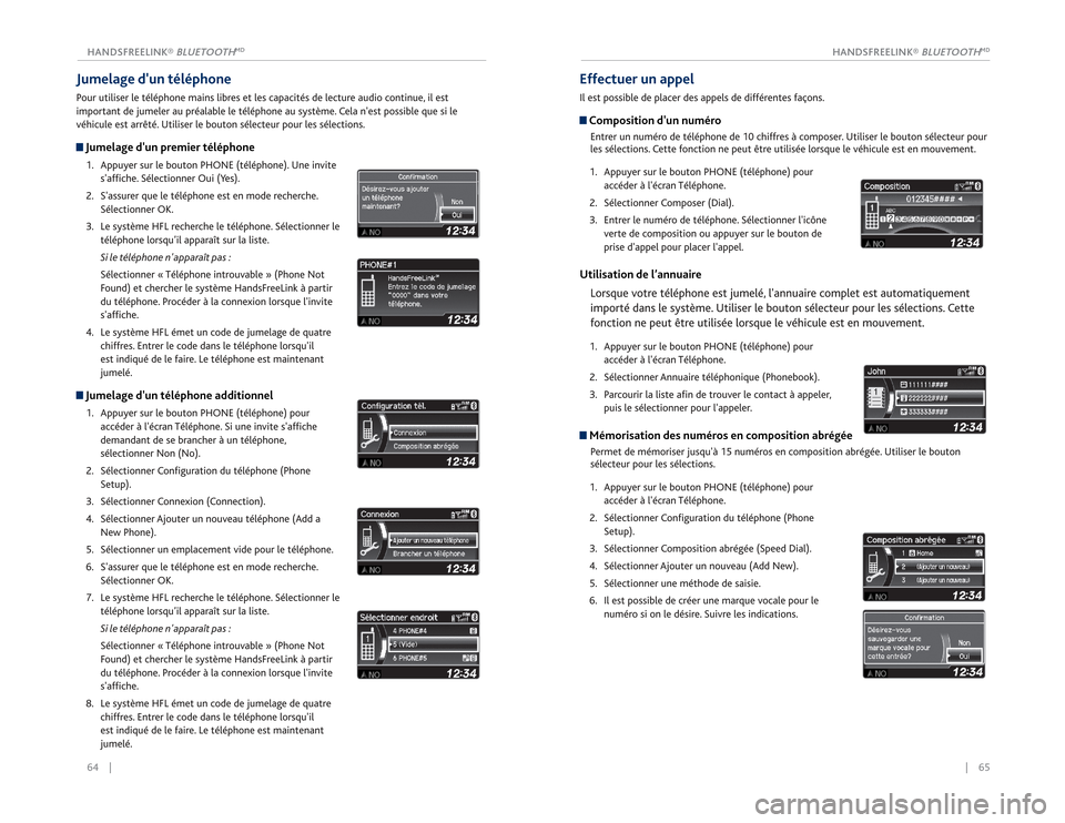 Acura RDX 2015  Guide du propriétaire (in French) |    65
       HANDSFREELINK® 
BLUETOOTH
MD
64    | HANDSFREELINK® 
BLUETOOTH
MD
Jumelage dun téléphonePour utiliser le téléphone mains libres et les capacités de lecture audio continue, il es