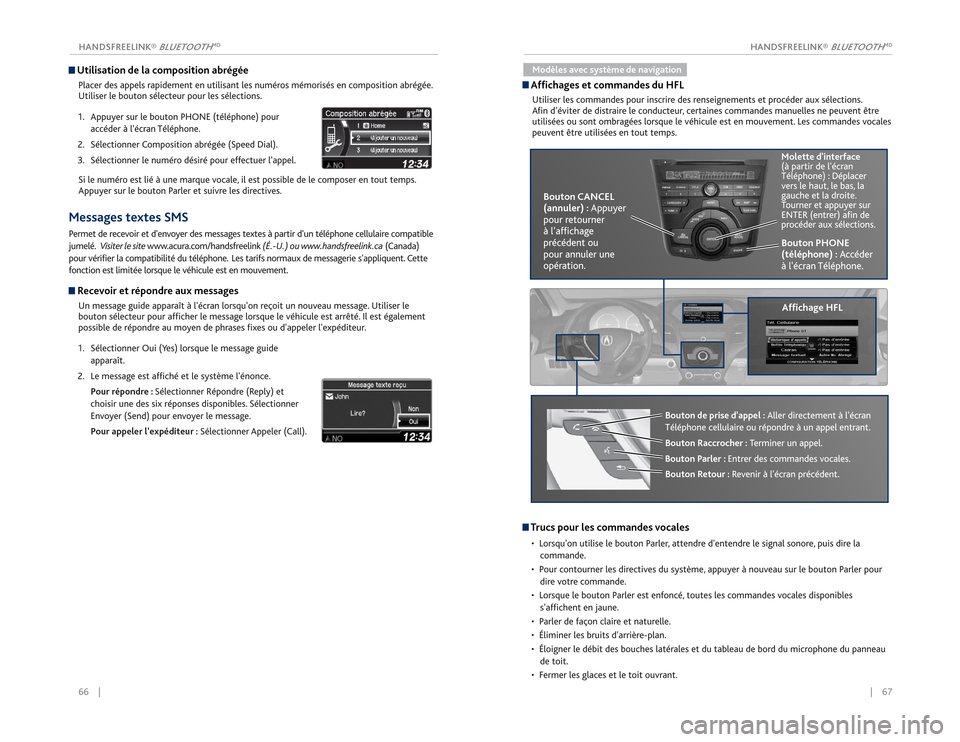 Acura RDX 2015  Guide du propriétaire (in French) 66    ||    67
HANDSFREELINK® 
BLUETOOTH
MD
HANDSFREELINK® 
BLUETOOTH
MD
 Utilisation de la composition abrégéePlacer des appels rapidement en utilisant les numéros mémorisés en composition abr