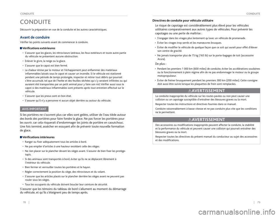 Acura RDX 2015  Guide du propriétaire (in French) 78    ||    79
       CONDUITE
CONDUITEDécouvrir la préparation en vue de la conduite et les autres caractéristiques.Avant de conduireVérifier les points suivants avant de commencer à conduire. V