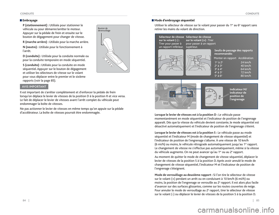 Acura RDX 2015  Guide du propriétaire (in French) 84    ||    85
       CONDUITE
CONDUITEIl est important de sarrêter complètement et denfoncer la pédale de frein 
lorsquon déplace le levier de vitesses de la position D à la position R et vic
