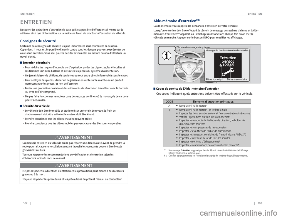 Acura RDX 2015  Guide du propriétaire (in French) 102    ||    103
       ENTRETIEN
ENTRETIENDécouvrir les opérations dentretien de base quil est possible deffectuer soi-même sur le 
véhicule, ainsi que linformation sur la meilleure façon de