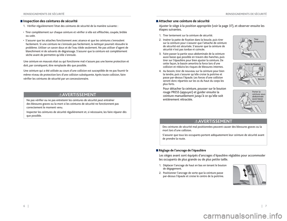 Acura RDX 2015  Guide du propriétaire (in French) 6    ||    7
       RENSEIGNEMENTS DE SÉCURITÉ
RENSEIGNEMENTS DE SÉCURITÉInspection des ceintures de sécurité1.  Vérifier régulièrement l’état des ceintures de sécurité de la manière su