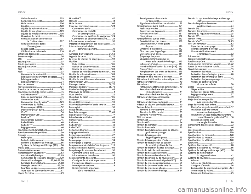 Acura RDX 2015  Guide du propriétaire (in French) 132    ||    133
       INDEX
INDEXCodes de service ............................................. 103
Consignes de sécurité ................................... 102
Huile moteur .....................