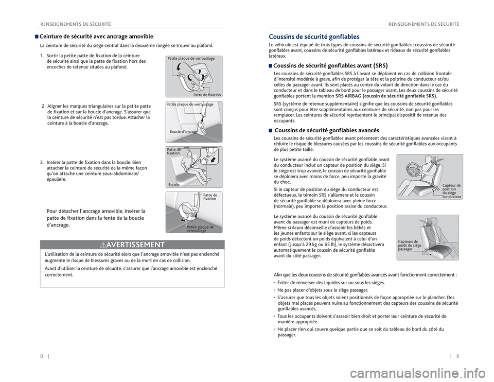 Acura RDX 2015  Guide du propriétaire (in French) 8    ||    9
       RENSEIGNEMENTS DE SÉCURITÉ
RENSEIGNEMENTS DE SÉCURITÉCeinture de sécurité avec ancrage amovibleLa ceinture de sécurité du siège central dans la deuxième rangée se trouve