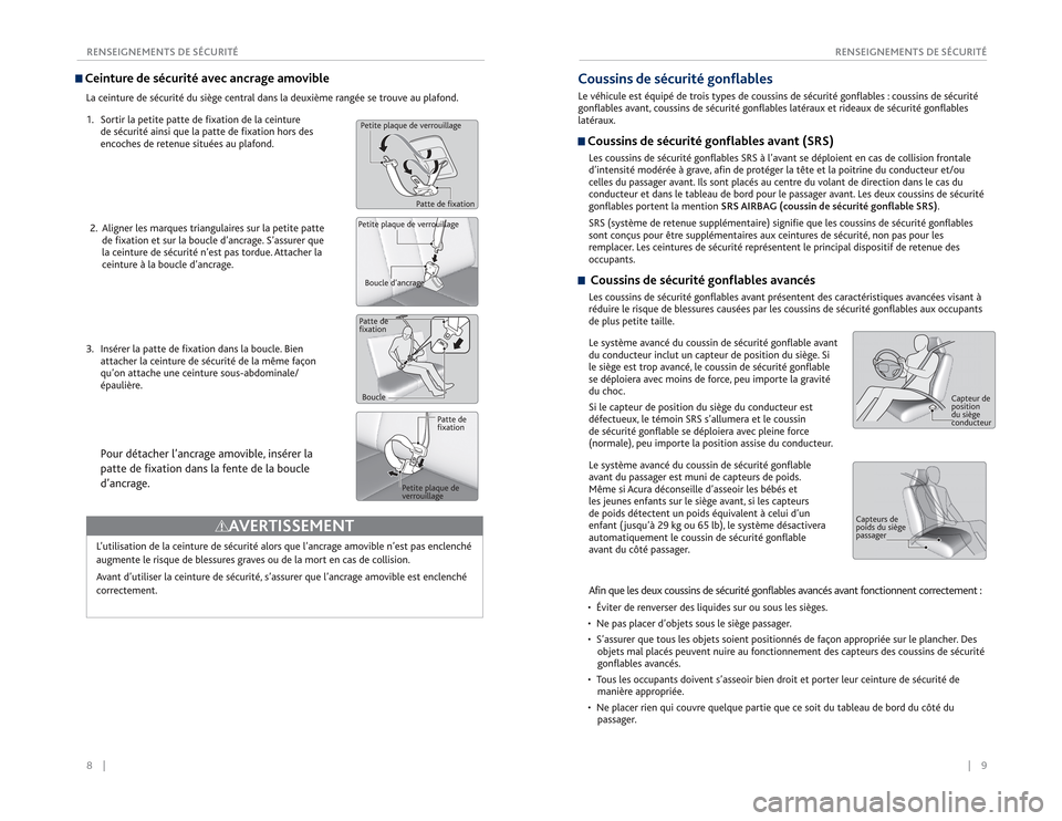 Acura RDX 2015 Guide du propriétaire (in French) 8 || 9
RENSEIGNEMENTS DE SÉCURITÉ
RENSEIGNEMENTS DE SÉCURITÉCeinture de sécurité avec ancrage amovibleLa ceinture de sécurité du siège central dans la deuxième rangée se trouve Acura RDX 2015 Guide du propriétaire (in French) 8 || 9
RENSEIGNEMENTS DE SÉCURITÉ
RENSEIGNEMENTS DE SÉCURITÉCeinture de sécurité avec ancrage amovibleLa ceinture de sécurité du siège central dans la deuxième rangée se trouve