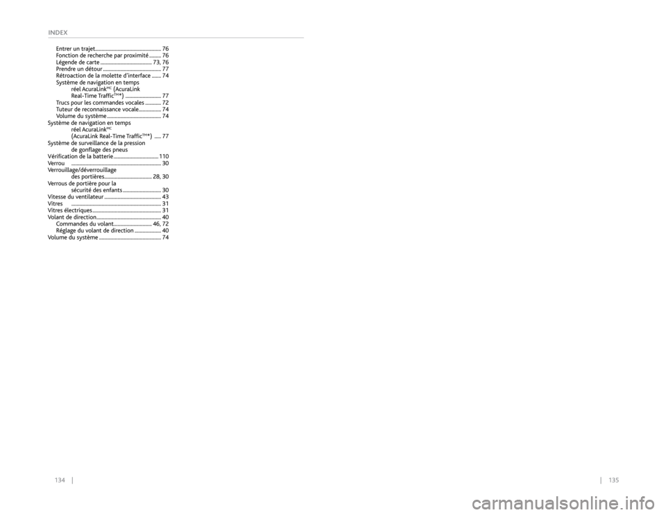 Acura RDX 2015  Guide du propriétaire (in French) 134    ||    135
INDEXEntrer un trajet.................................................. 76
Fonction de recherche par proximité ......... 76
Légende de carte ....................................... 