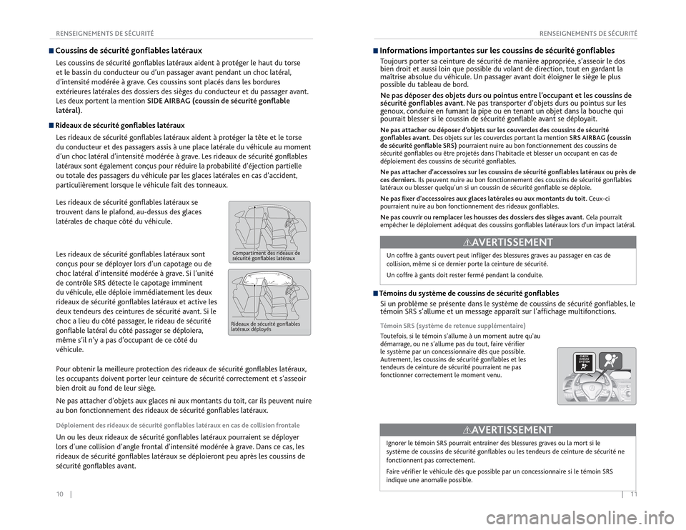 Acura RDX 2015  Guide du propriétaire (in French) 10    ||    11
RENSEIGNEMENTS DE SÉCURITÉ
RENSEIGNEMENTS DE SÉCURITÉCoussins de sécurité gonflables latérauxLes coussins de sécurité gonflables latéraux aident à protéger le haut du torse 